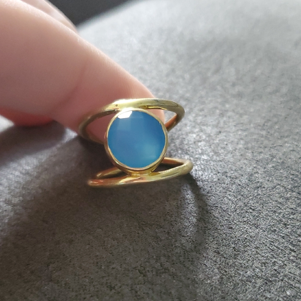 Aqua Chalcedony Ring – Gold Tone Adjustable Double Band Bezel Set